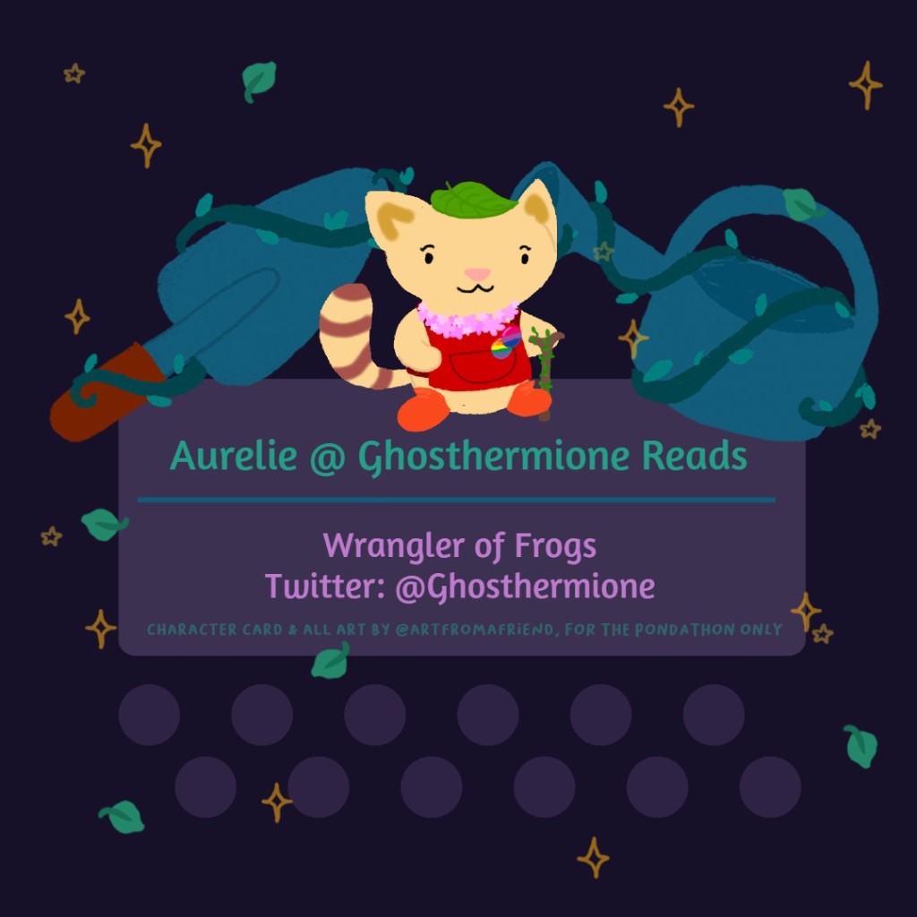 Character card design by @artfromafriend, for The Pondathon only. A dark purple background with green leaves and golden stars. In the centre, a lighter square with info that reads: Aurelie @ Ghosthermione Reads, in teal. Then under a line, Wrangler of Frogs. Twitter: @Ghosthermione.
On top of the light purple square, there is a brown and teal trowel on the left, and a teal watering can on the right. Both are covered in green vines with leaves. In the middle, a drawing of a beige cat with stripey tail, standing on her back legs like a human. She's wearing a green leaf as a hat, a red apron, red boots, and a necklace of pink flowers. She holds a cane with a vine twining around it, and wears a bisexual pride and rainbow pride badges on the right side of her apron.